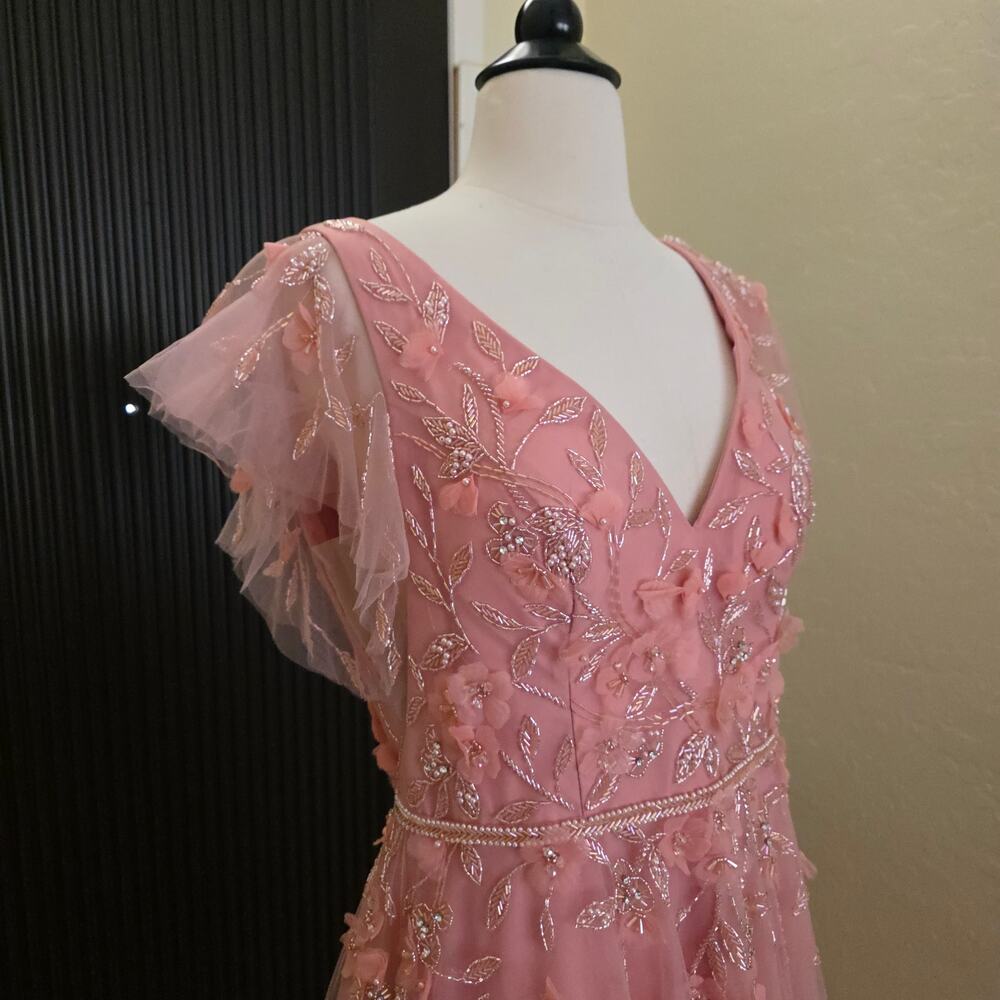 Mac Duggal Formal Pink Maxi Beaded Dress 11224 Tulle Salmon Flowers Gown 16 - Picture 3 of 14